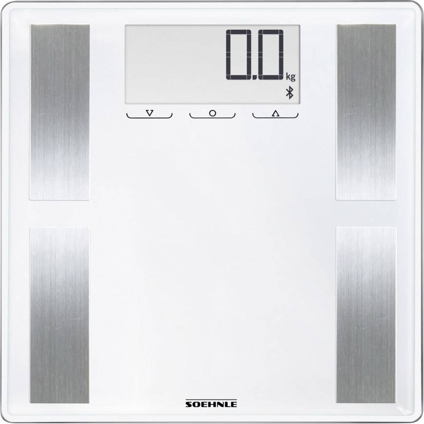 Digitale Waage mit LED-Anzeige zeigt '0.0 kg'. Zwei metallische Standflächen und Bluetooth-Symbol für Verbindungsmöglichkeiten.