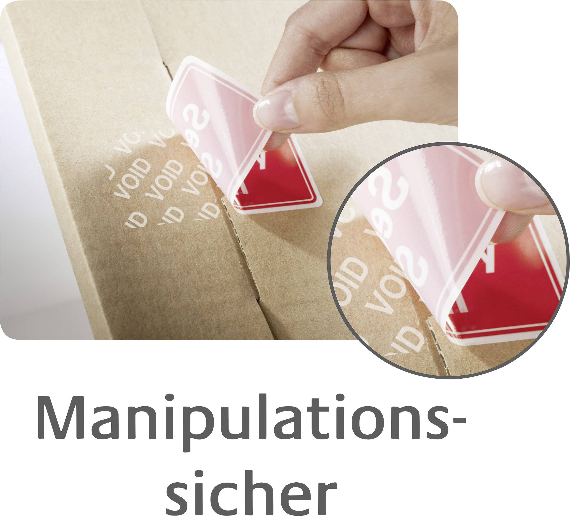 Eine Hand entfernt einen Sicherheitssiegelsticker von einem Karton, der das Wort 'VOID' hinterlässt. Text darunter: 'Manipulationssicher'.
