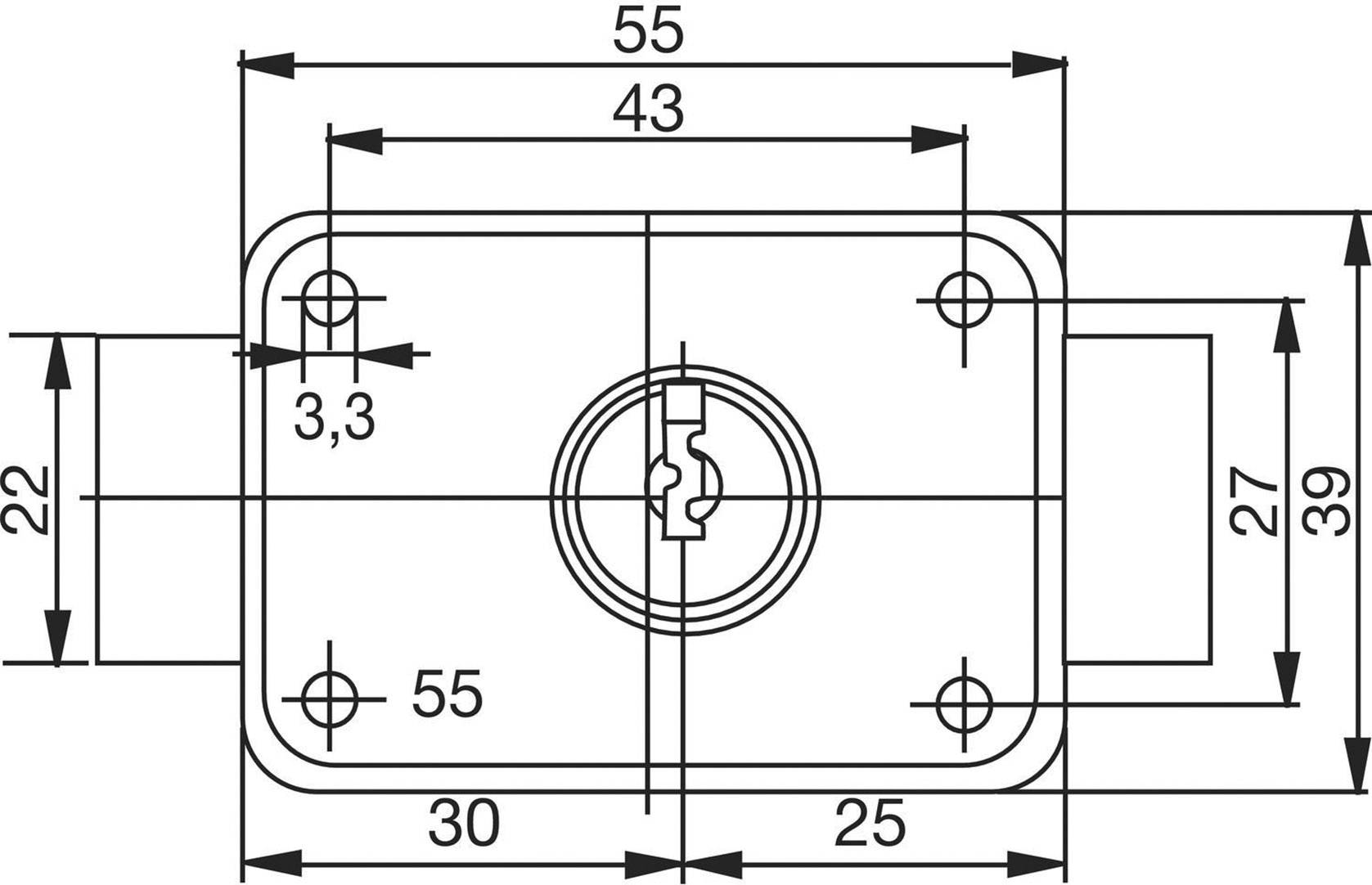 Technische Zeichnung eines rechteckigen Schlosses mit Maßen: Breite 55 mm, Höhe 39 mm. Bohrlochabstand 43 mm horizontal, 27 mm vertikal.