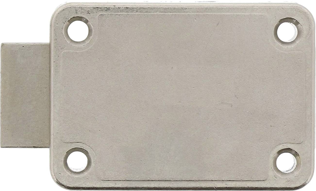 Metallplatte mit vier Löchern an den Ecken und einer rechteckigen Verlängerung an der linken Seite.