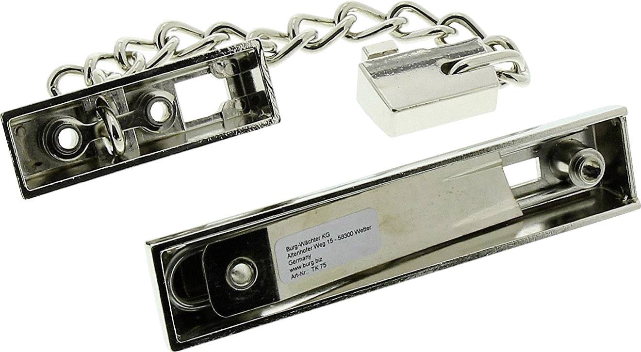 Türsicherung mit Kette aus Metall, bestehend aus zwei Teilen: eine Kette mit Halterung und eine Gegenseite zum Einhaken.