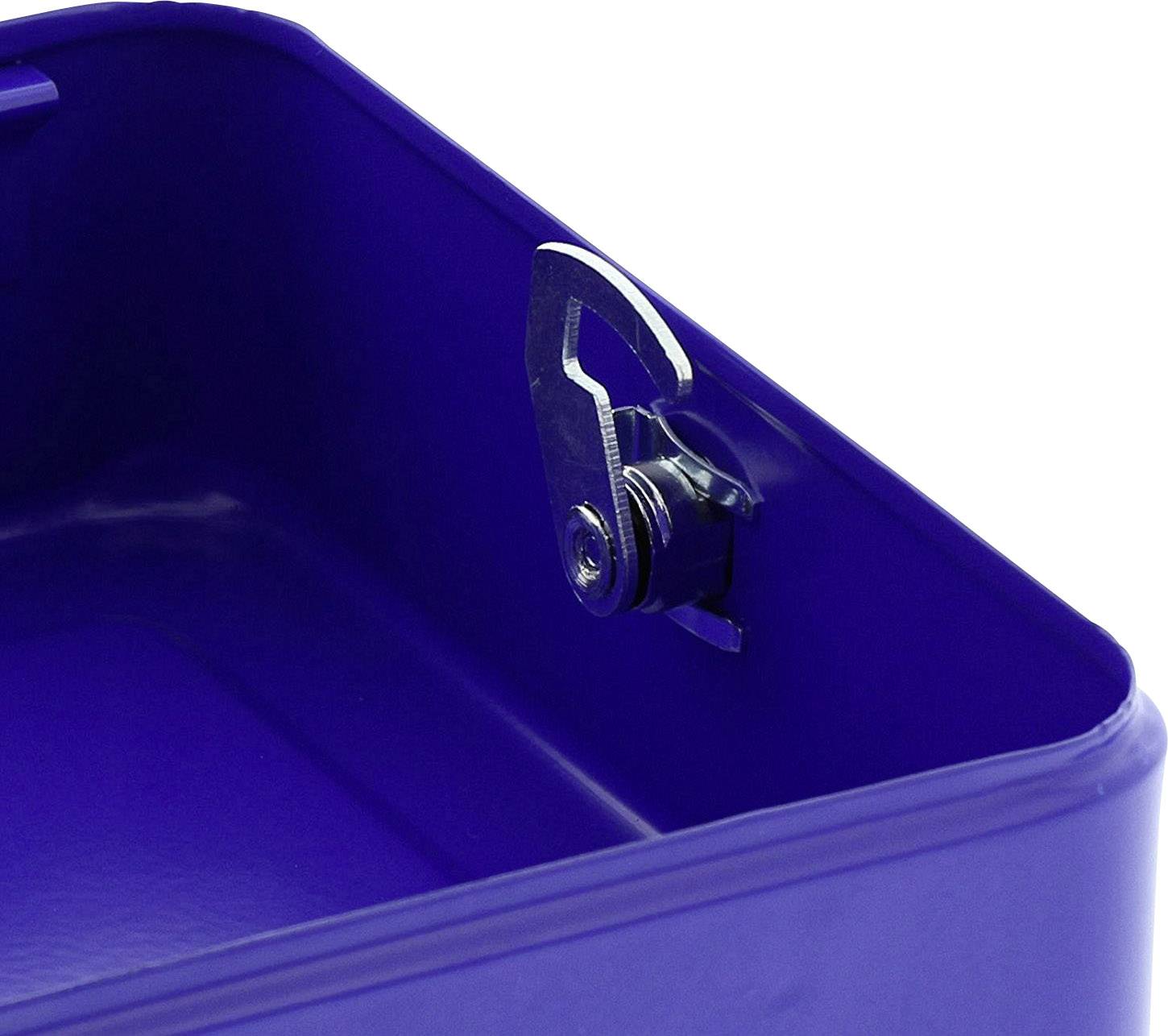 Blauer Metalleimer mit festem Schließmechanismus im Inneren.