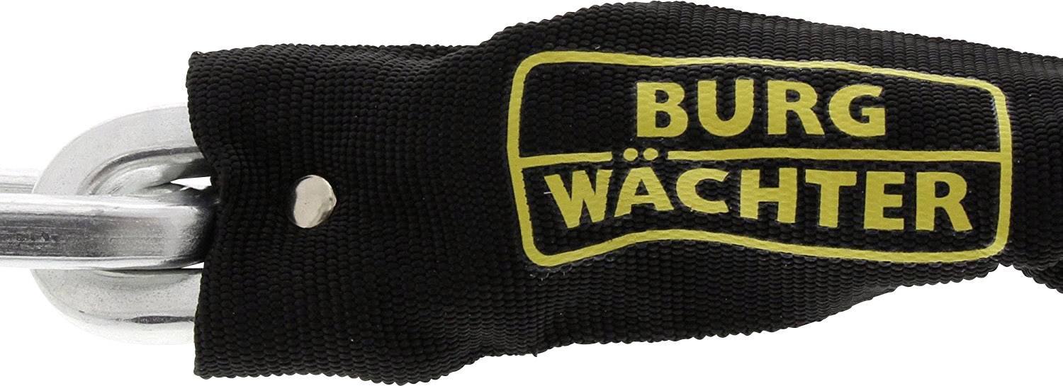 Ein schwarzes Schlosscover mit gelbem Aufdruck 'BURG WÄCHTER'. Darunter befinden sich silberne Kettenglieder.