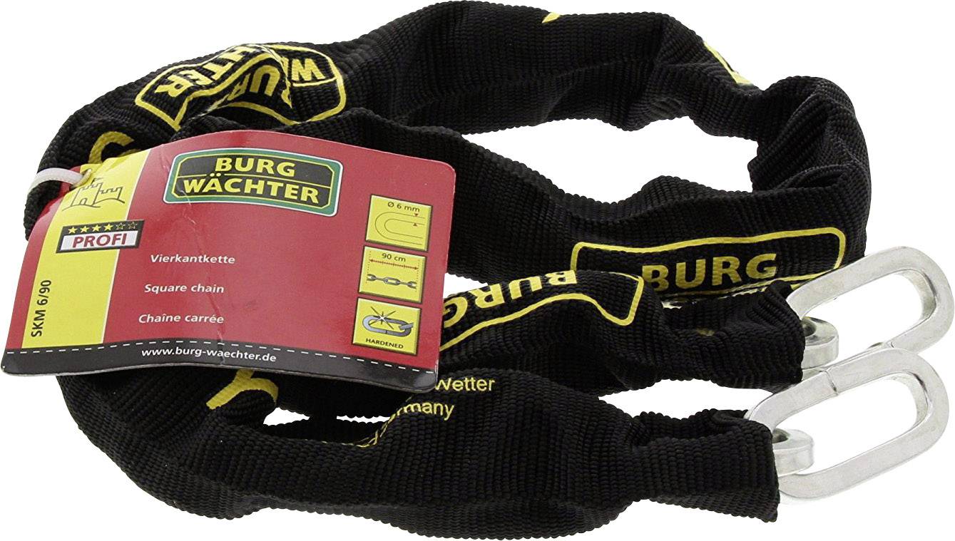 Die Abbildung zeigt eine robuste Stahlkette der Marke 'Burg Wächter', verpackt mit einem roten Etikett, auf dem technische Details stehen.