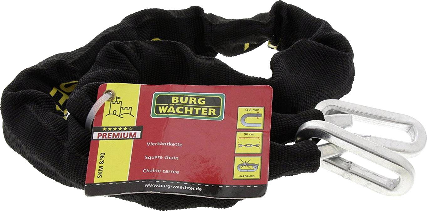 Eine schwarze Kette mit einem Etikett von 'Burg Wächter'. Das Etikett zeigt die Kettenmarke und Produktspezifikationen.