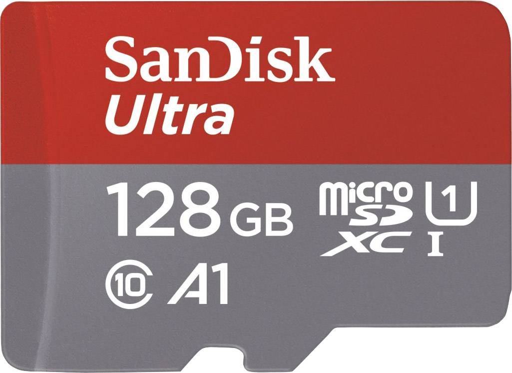Eine SanDisk Ultra microSD-Karte mit 128 GB Speicherkapazität, Geschwindigkeitsklassen A1, U1 und Class 10, in Rot und Grau.