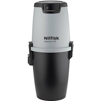 Zentralstaubsauger 'Nilfisk Supreme 150', zylindrische Form, schwarze Basis, grauer Korpus.