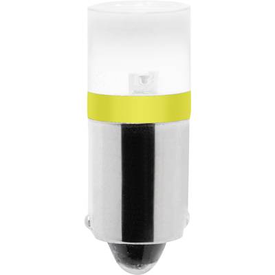Eine kleine zylindrische LED-Lampe mit silbernem Gehäuse und gelbem Ring in der Mitte.