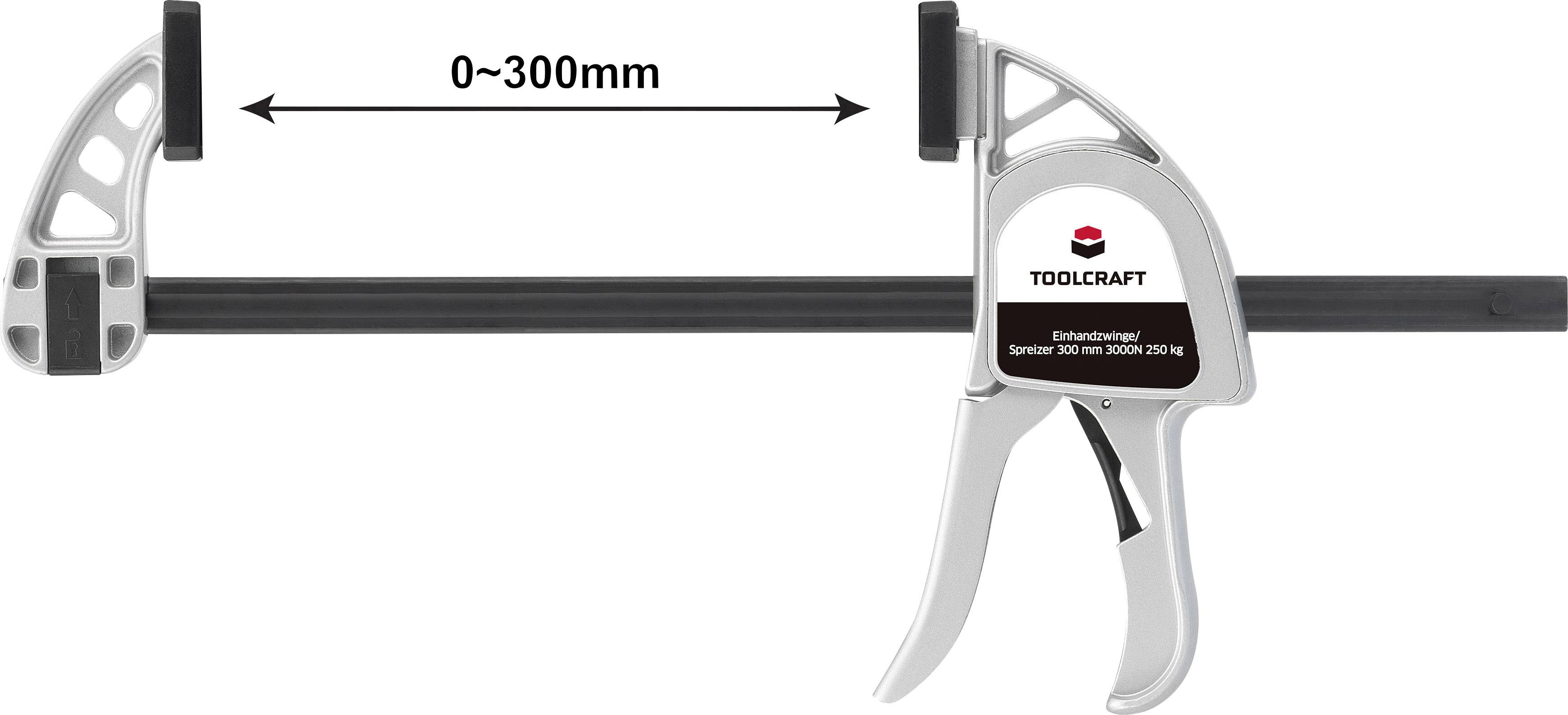 'Einhandzwinge' von Toolcraft mit Spannbereich von 0 bis 300 mm und einer Spannkraft von 125 kg.
