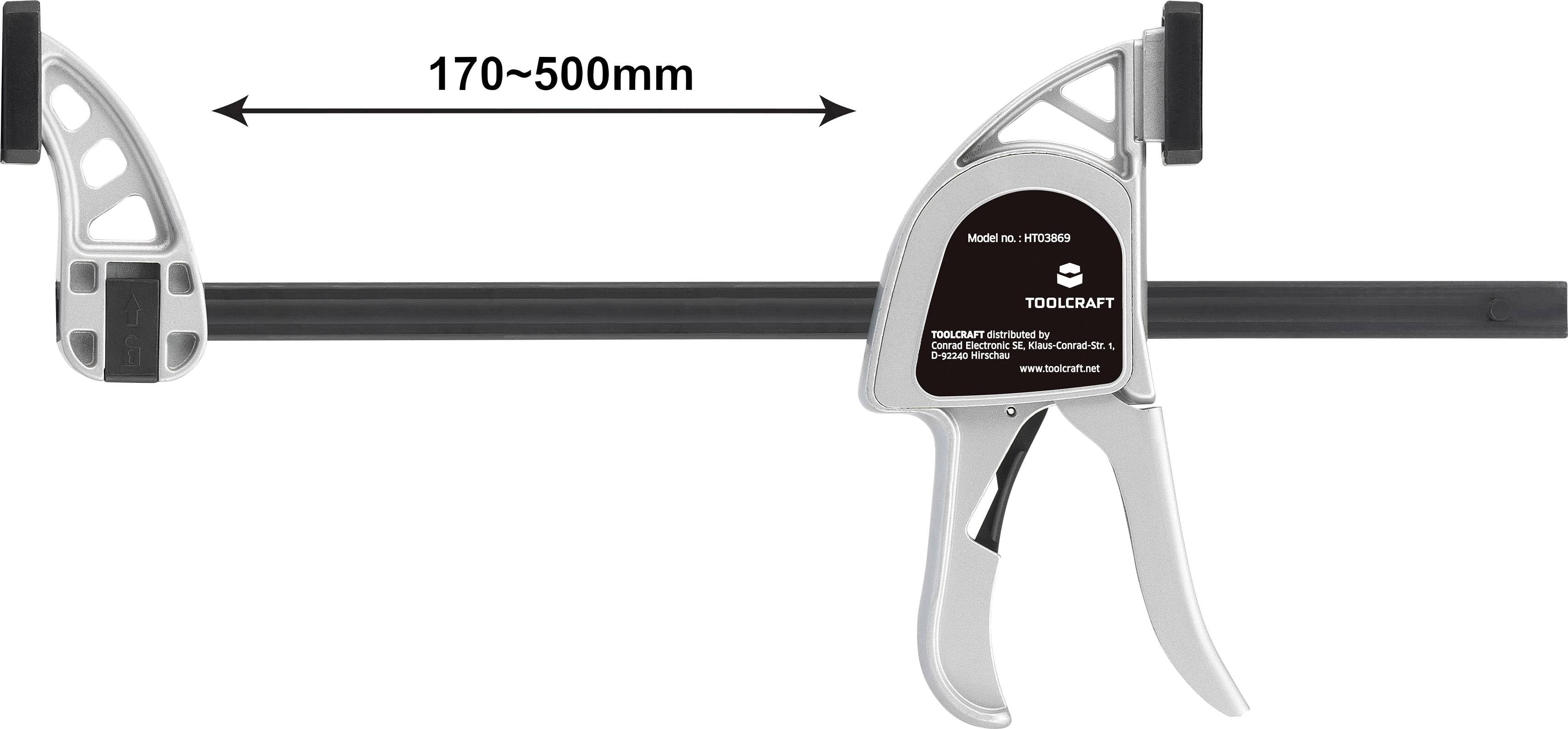 'Werkzeug-F-Zwinge von Toolcraft, Spannweite 170-500 mm, ermöglicht schnelles und präzises Fixieren von Werkstücken.'