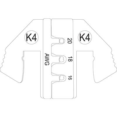 Eine Crimpzange für Kabelschuhe mit den Markierungen 'K4' und 'AWG' sowie den Größenangaben 16, 18, 20.