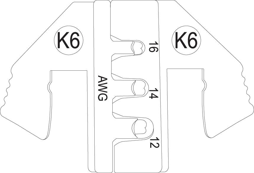 'Messwerkzeug mit Skala bei 18, 14 und 12, markiert mit K6 und NWC, verwendet zur Bestimmung von Draht- oder Kabeldurchmesser.'