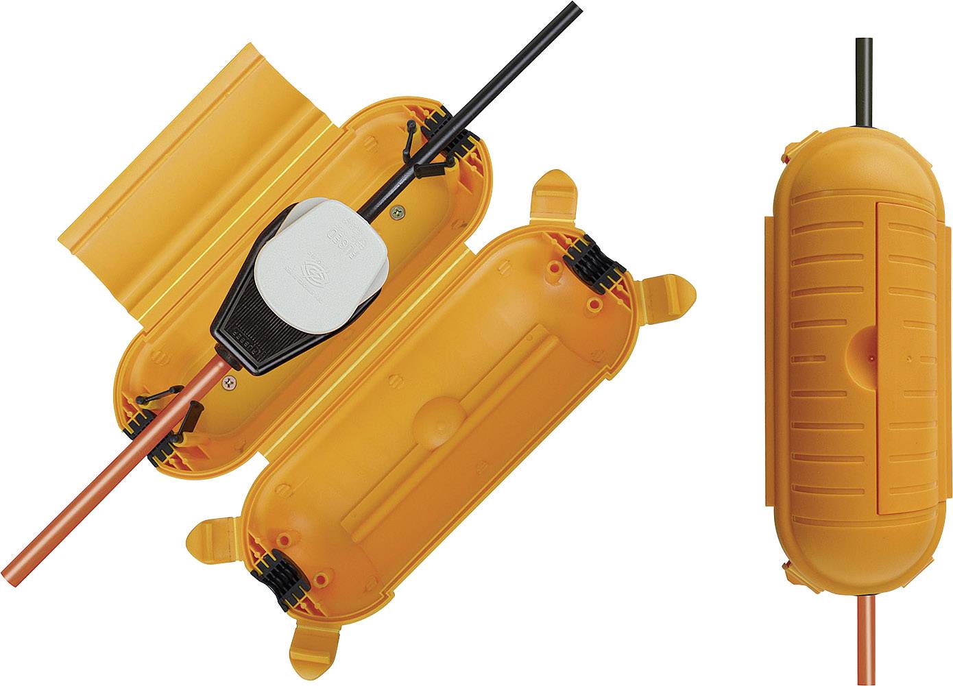 Oranger Kabelverbinder mit wasserdichtem Design, zeigt geöffnete und geschlossene Ansichten. Geeignet für den Außeneinsatz.