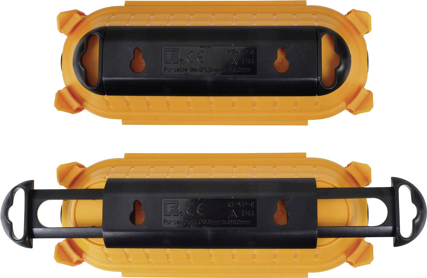 Zwei orangefarbene, ovale Kunststoffgehäuse mit schwarzen, abnehmbaren Elementen. Sie wirken wie Schutzabdeckungen für elektrische Verbindungen.