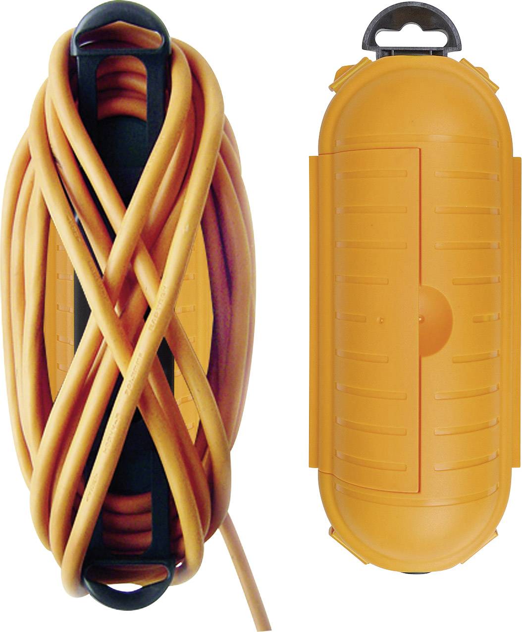 Ein orangefarbenes Verlängerungskabel, ordentlich aufgerollt, neben einem orangefarbenen Kabelschutzgehäuse.