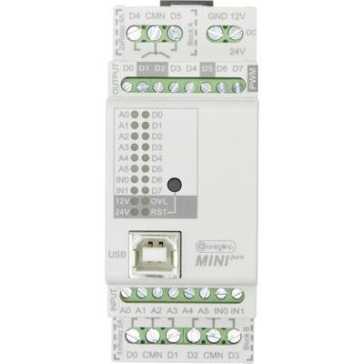 Ein Mini-Controller-Modul mit mehreren Anschlüssen für digitale und analoge Eingänge sowie USB, geeignet für industrielle Steuerungsanwendungen.