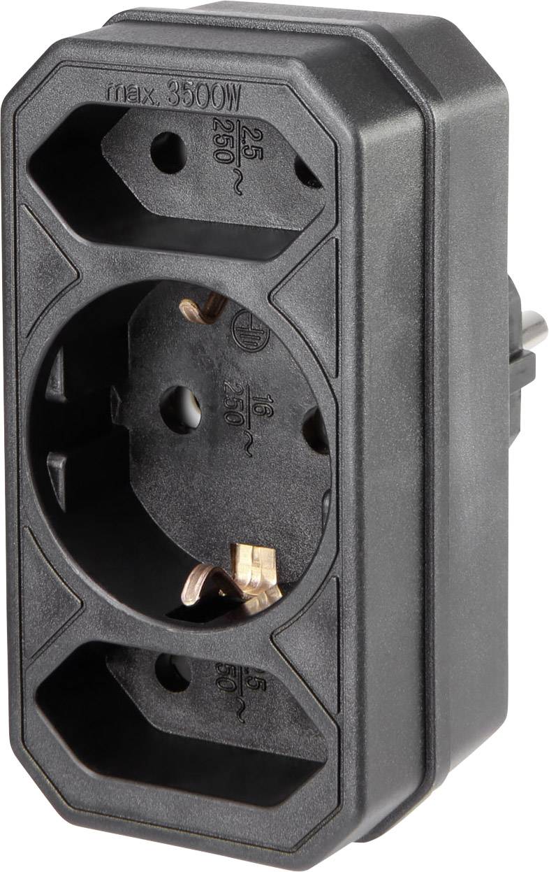 Schwarze dreifache Steckdose mit zwei seitlichen Eingängen, geeignet für maximal 3500W.