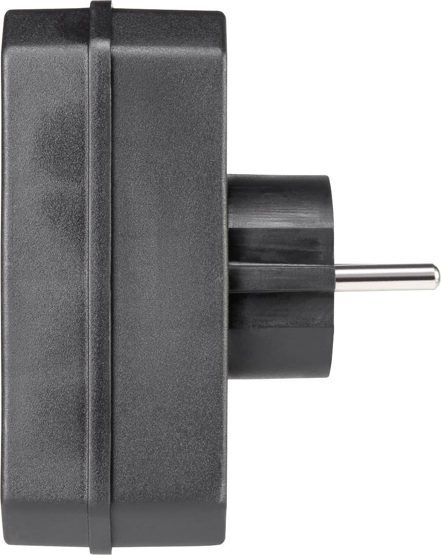 Schwarzer Steckdosenadapter mit seitlicher Ansicht, zeigt den Stift zum Einstecken in die Steckdose.