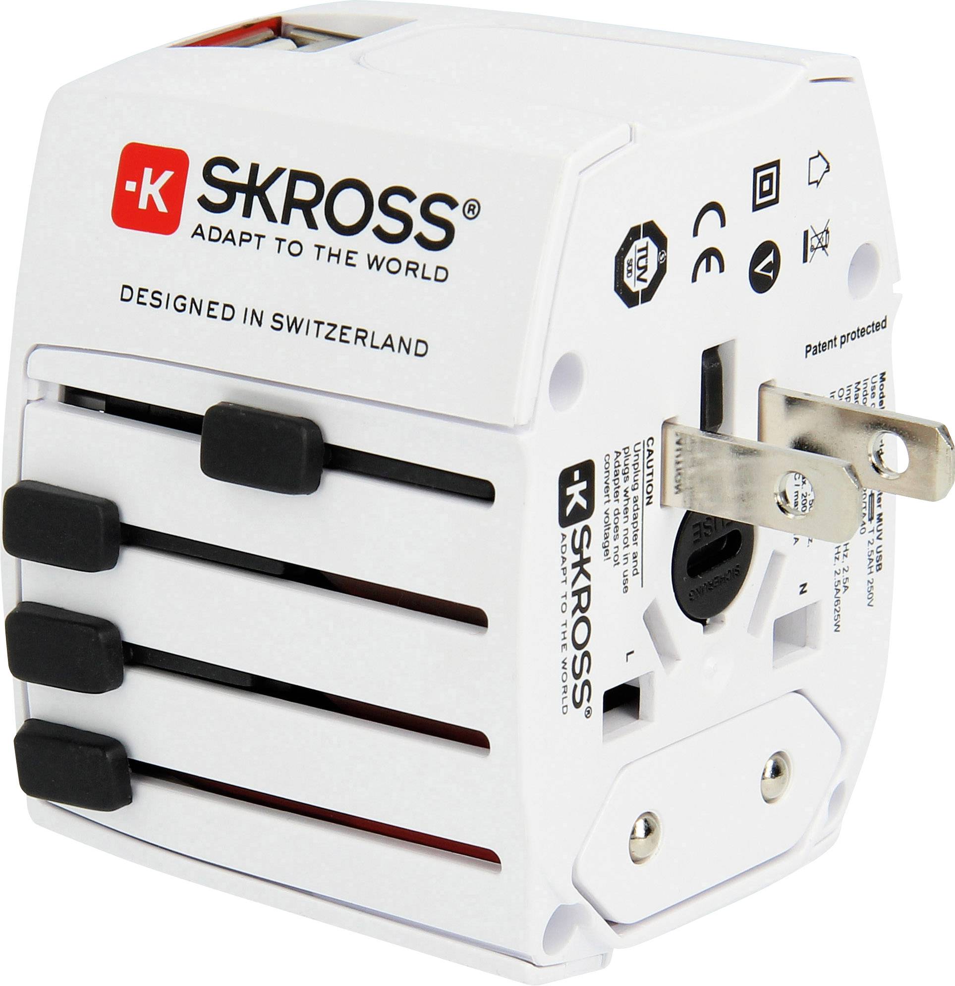 Ein weißer Universal-Reiseadapter von SKROSS mit schwarzem Text und Logo, geeignet für verschiedene Steckertypen weltweit.