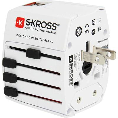 Ein weißer Universal-Reiseadapter von SKROSS mit schwarzem Text und Logo, geeignet für verschiedene Steckertypen weltweit.