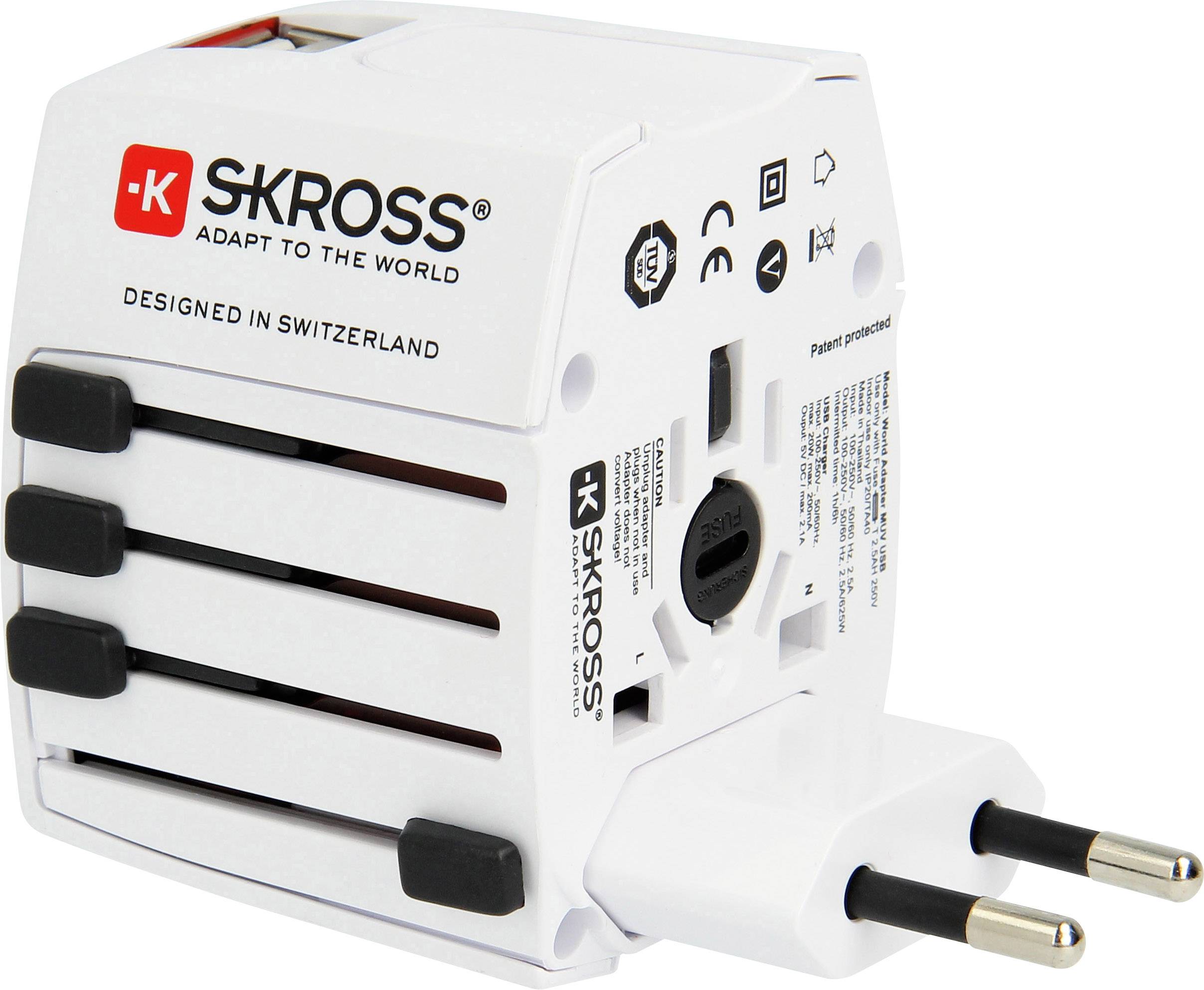 Universal-Reiseadapter von SKROSS, weiß, mit verschiedenen Steckdosenarten. Aufschrift: 'Designed in Switzerland'.