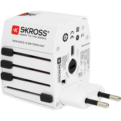 Universal-Reiseadapter von SKROSS, weiß, mit verschiedenen Steckdosenarten. Aufschrift: 'Designed in Switzerland'.