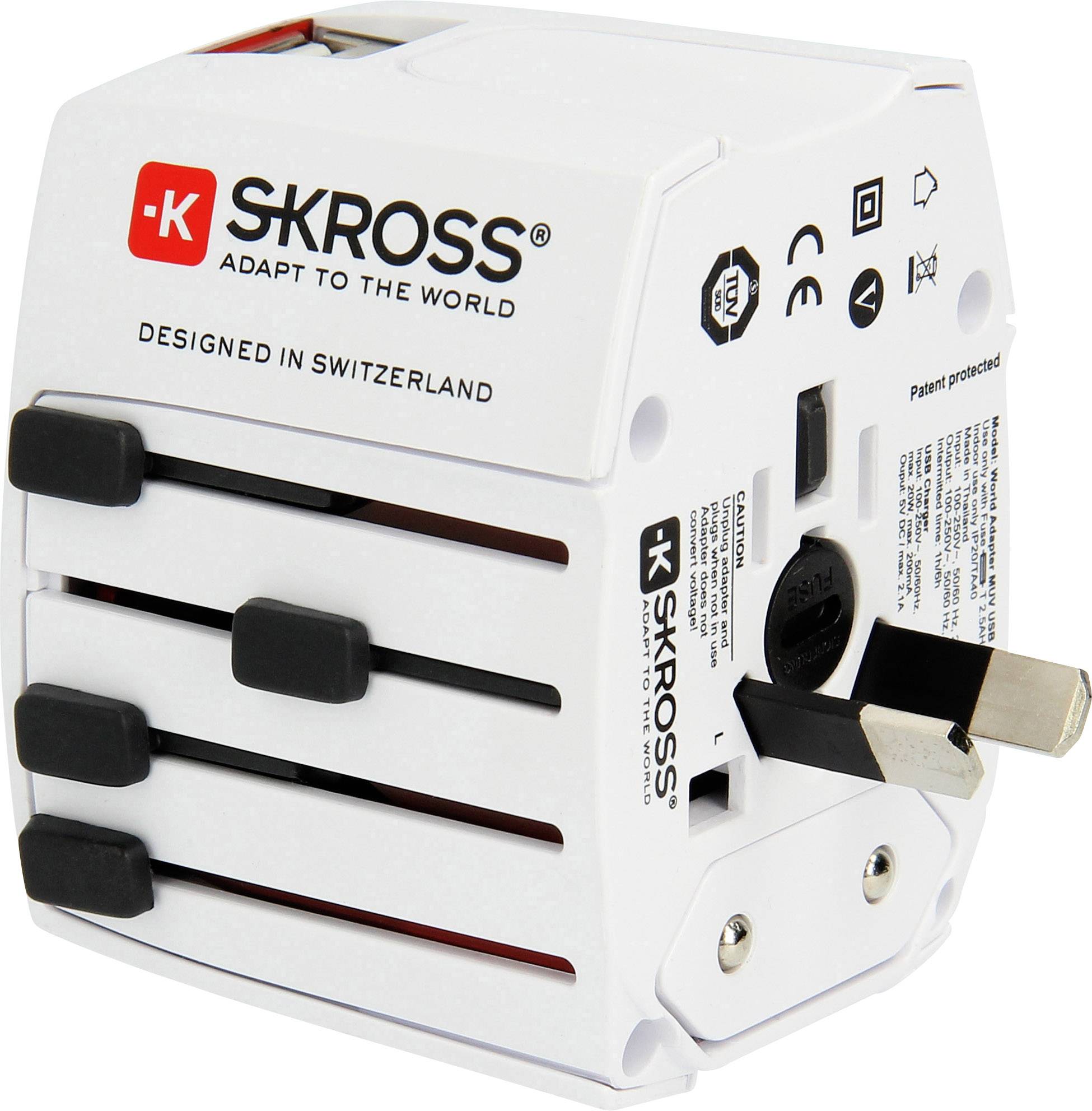 Ein weißer Universal-Reiseadapter mit mehreren Steckerausgängen, gestaltet für internationale Nutzung. Markiert mit 'SKROSS - Adapt to the world'.