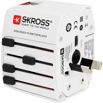 Ein weißer Universal-Reiseadapter mit mehreren Steckerausgängen, gestaltet für internationale Nutzung. Markiert mit 'SKROSS - Adapt to the world'.