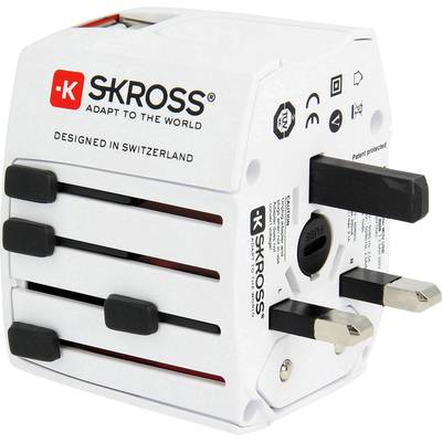 Weißer SKROSS Universal-Adapter mit mehreren Steckern und Ausgängen, geeignet für internationale Reisende.