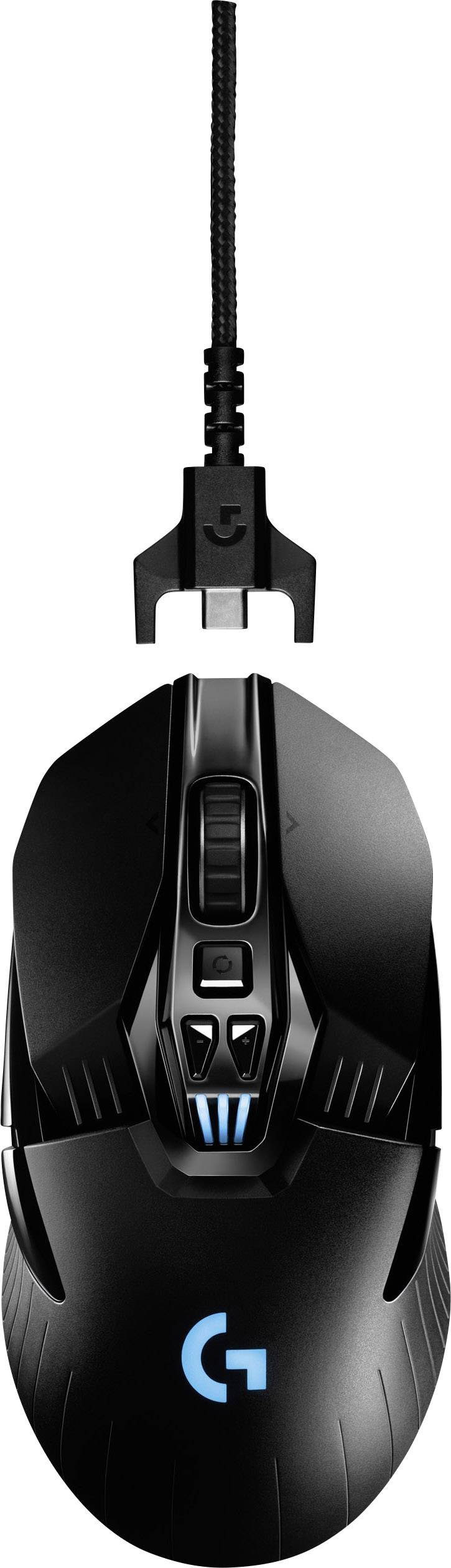Schwarze Gaming-Maus mit Kabel und zusätzlicher Daumentaste, ergonomisches Design; geeignet für PC-Spiele.