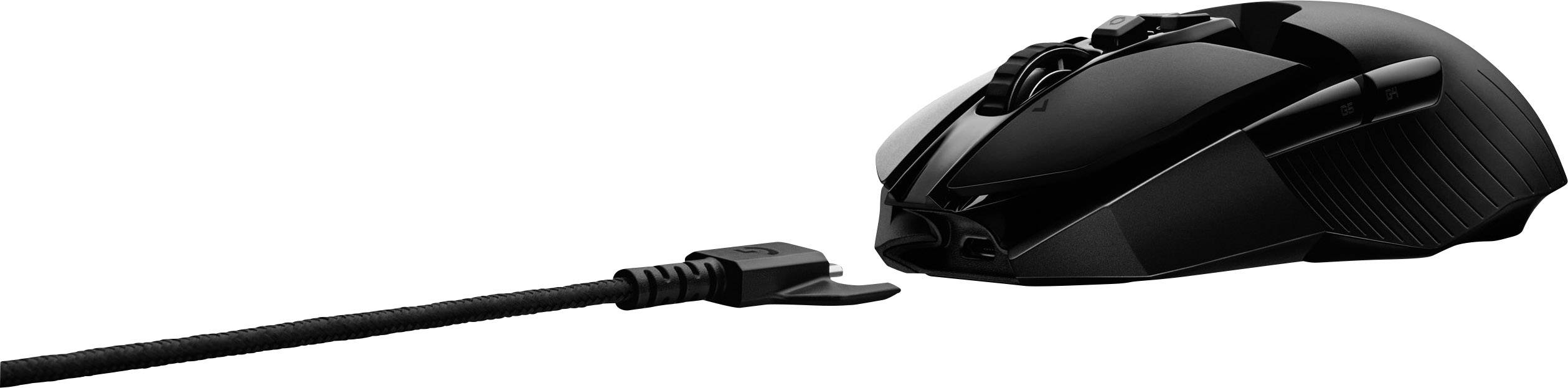 Schwarze kabelgebundene Gaming-Maus mit mehreren Tasten, seitlicher Griffstruktur und abnehmbarem USB-Kabel. Ideal für präzises Gaming.