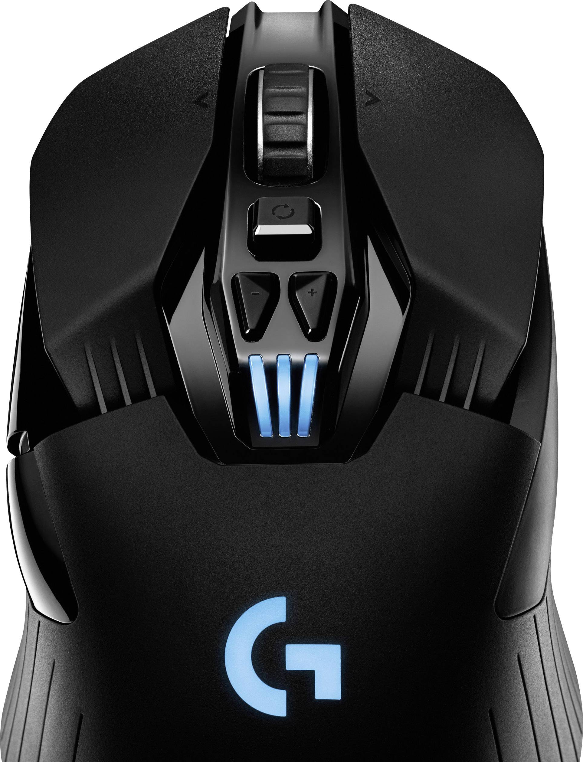 Eine schwarze Gaming-Maus mit blauen Lichteffekten und mehreren Tasten für erweiterte Steuerung. Oberansicht zeigt Scrollrad und Markensymbol.