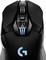 Eine schwarze Gaming-Maus mit blauen Lichteffekten und mehreren Tasten für erweiterte Steuerung. Oberansicht zeigt Scrollrad und Markensymbol.