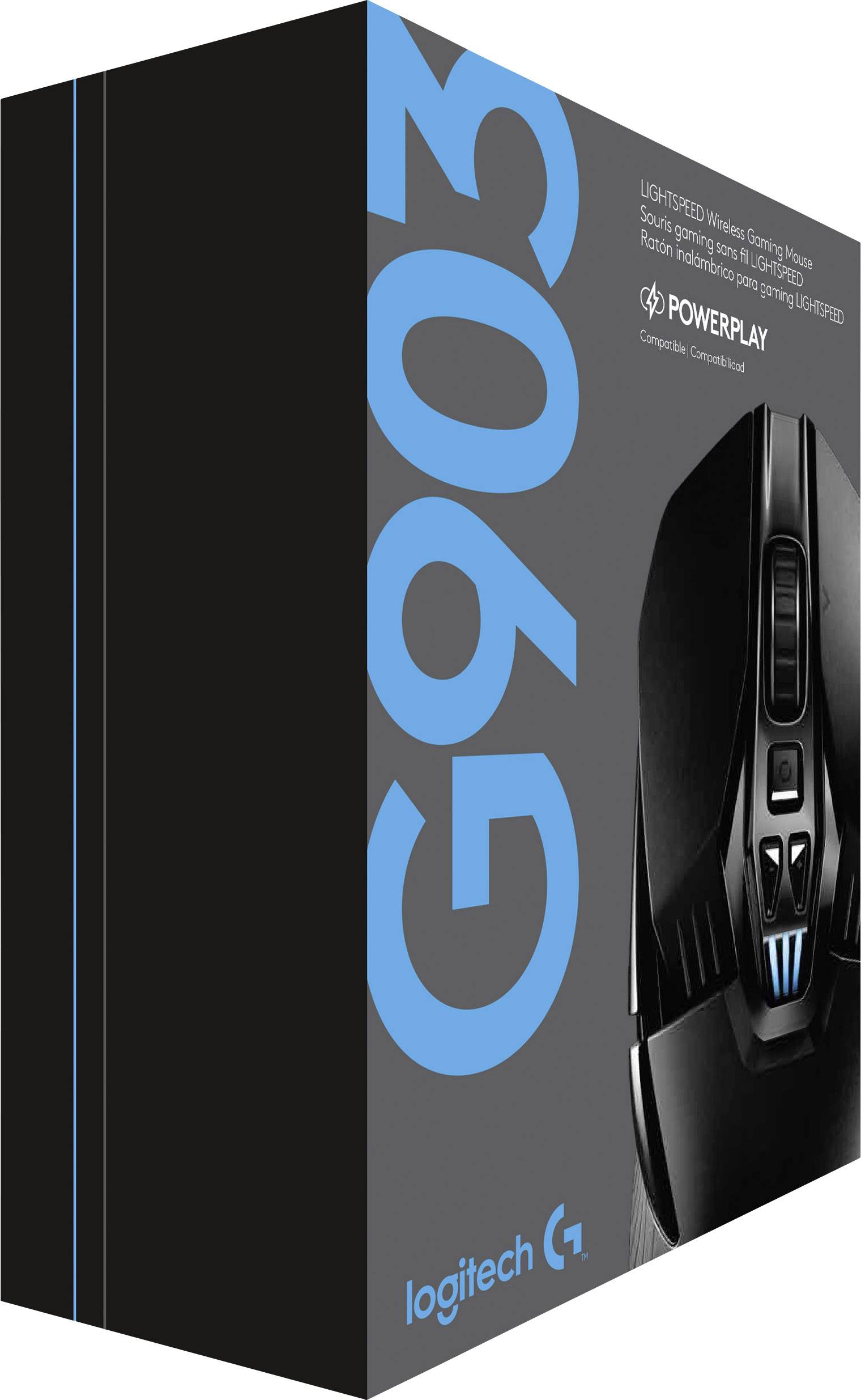 Verpackung einer Logitech G903 Gaming-Maus. Hauptmerkmale: kabellos, 'LIGHTSPEED', kompatibel mit 'POWERPLAY'. Bild der Maus auf der rechten Seite.