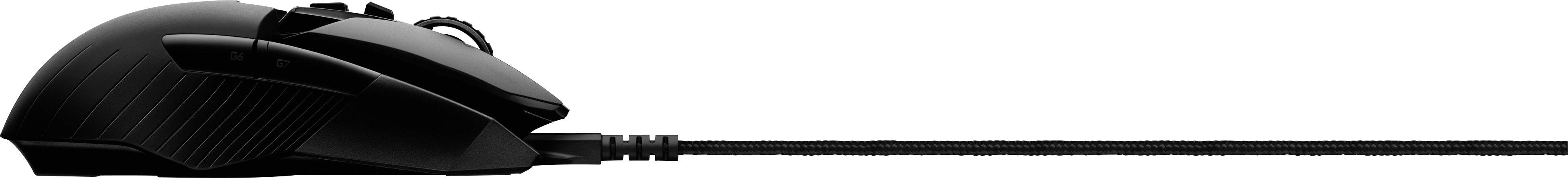 Schwarze kabelgebundene Computermaus von der Seite, mit sichtbarem Kabel nach rechts führend.