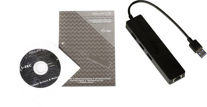 'USB 3.0 to Gigabit Ethernet Adapter' von t-tec, bestehend aus einem Adapter, einer Treiber-CD und einem Benutzerhandbuch in einer Verpackung.