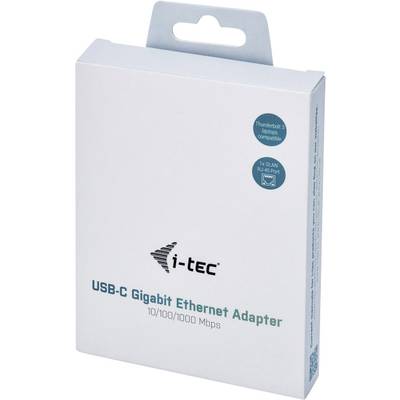 Verpackung eines i-tec USB-C Gigabit Ethernet Adapters mit '10/100/1000 Mbps', Thunderbolt- und RJ-45-Kompatibilität.