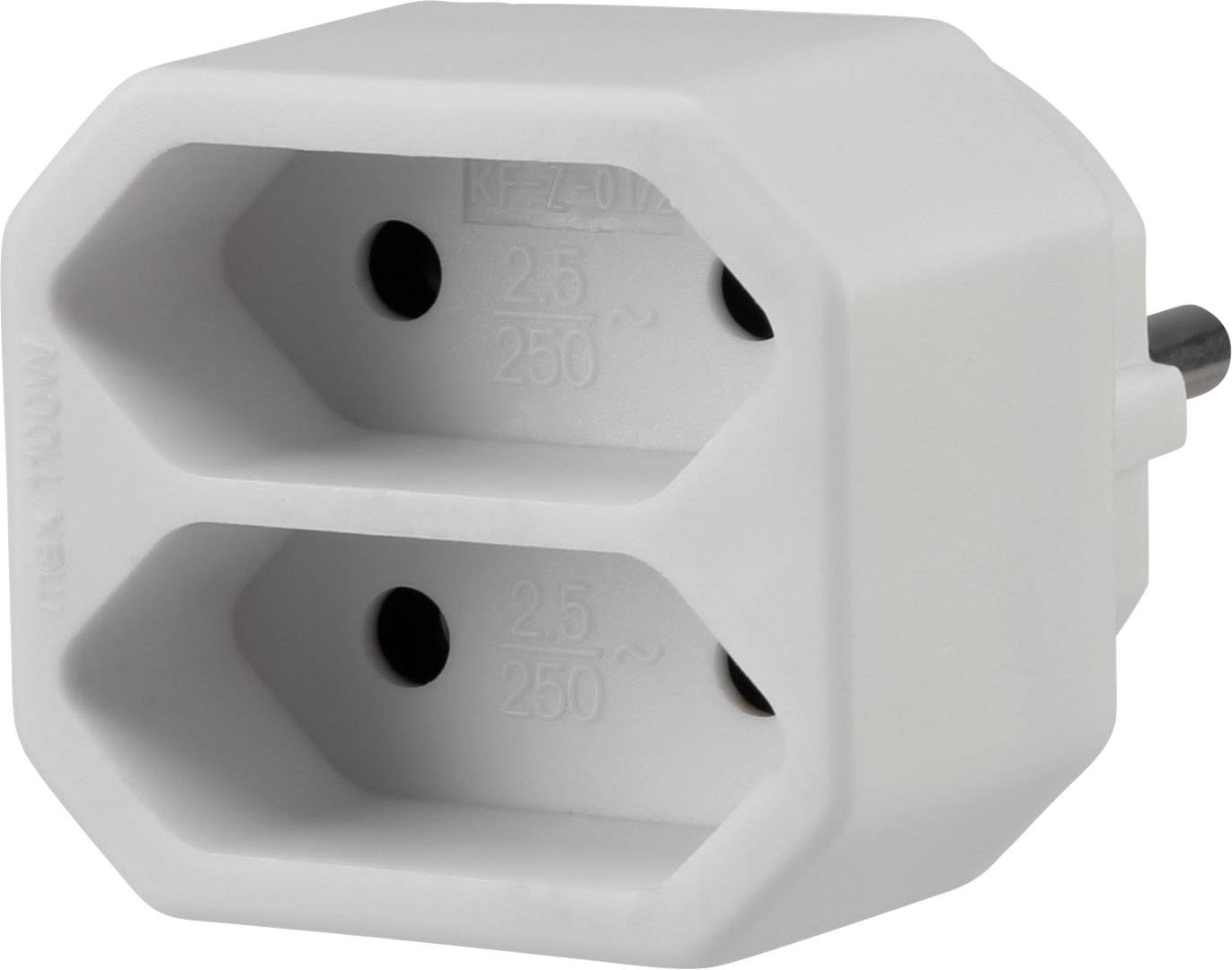 'Steckdosenadapter' in weiß, mit zwei Buchsen und einem Stecker auf der rechten Seite. Geeignet für 250V, 2,5A.