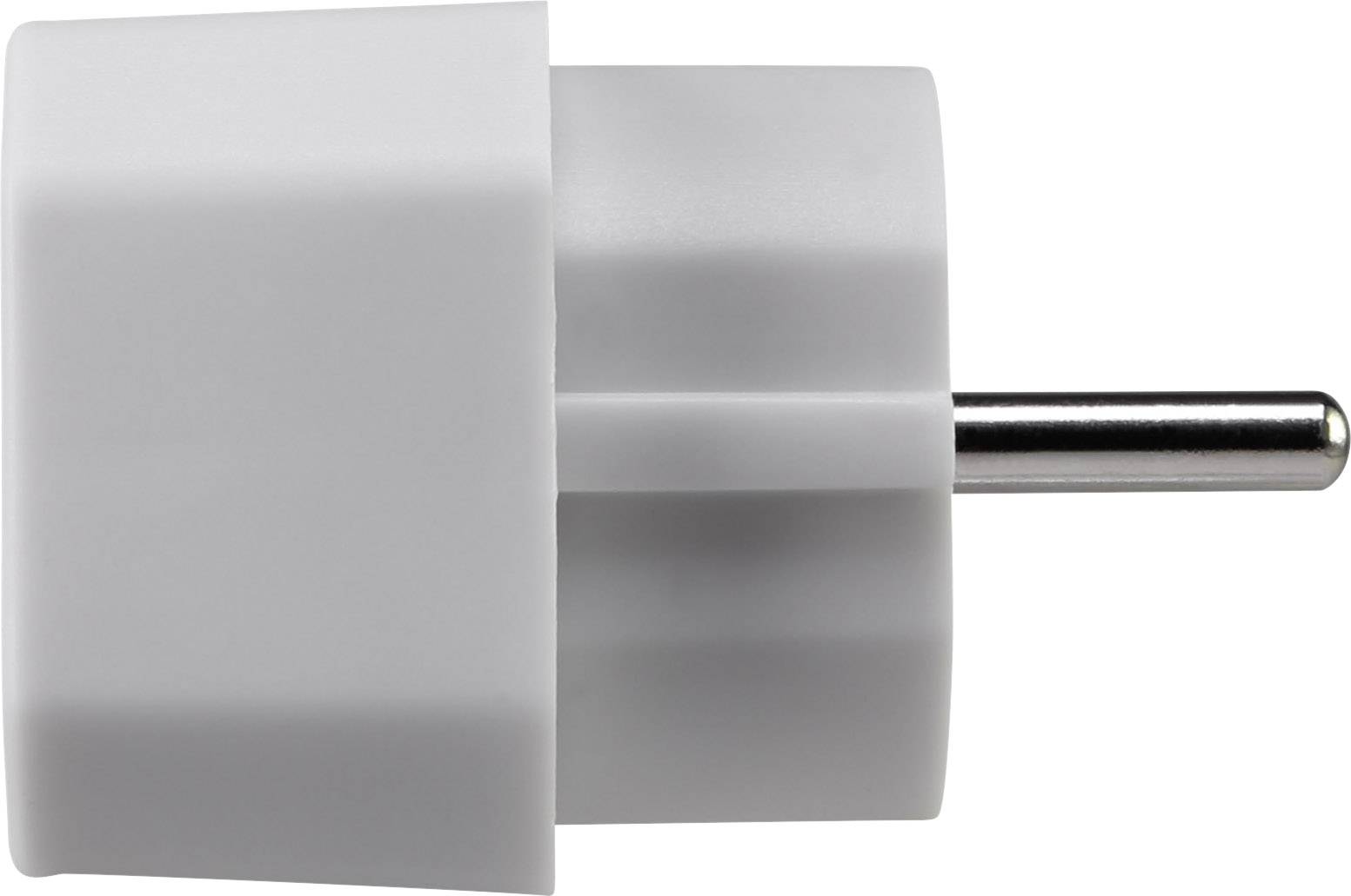 Grauer Steckdosenadapter mit einem Metallstift überlappt einen rechteckigen Schutzkontakt-Eingang. Geeignet für Reise- oder Heimgebrauch.