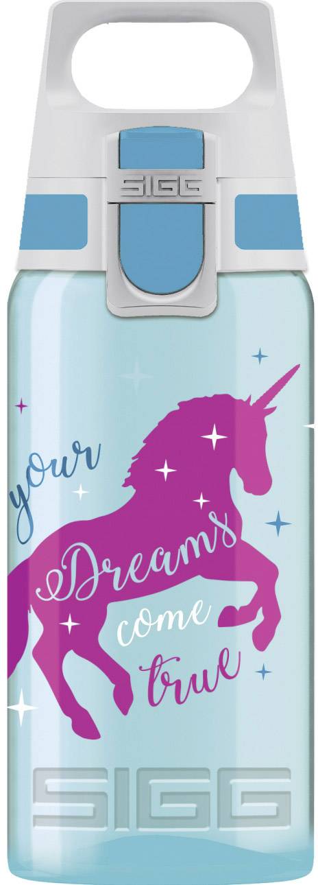 Eine hellblaue Trinkflasche mit Einhornmotiv. Der Text 'your dreams come true' ist daneben in Weiß und Pink geschrieben.
