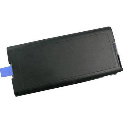 Ein rechteckiger, schwarzer Akku mit einem blauen Entnahmestreifen auf der Seite, vermutlich für ein elektronisches Gerät.