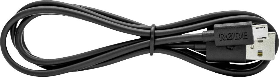 Ein schwarzes USB-Kabel, aufgerollt und mit einem 'RØDE'-Stecker versehen, liegt auf einer flachen Oberfläche.