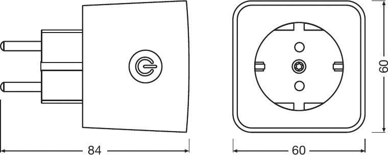 Abmessungen eines Steckadapters: Länge 84 mm, Breite 60 mm; Ansicht von Seite und oben, mit Ein-/Ausschaltknopf an der Seite.