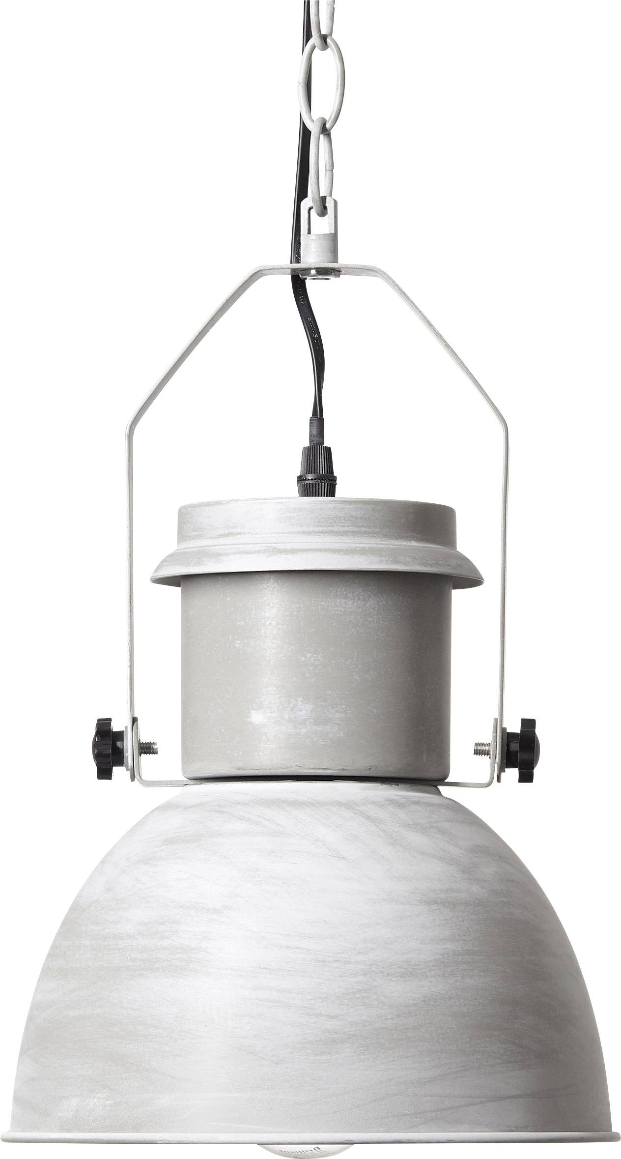 Eine silberne Hängelampe aus Metall mit sichtbarer Kette und Kabel, in industriellem Design.