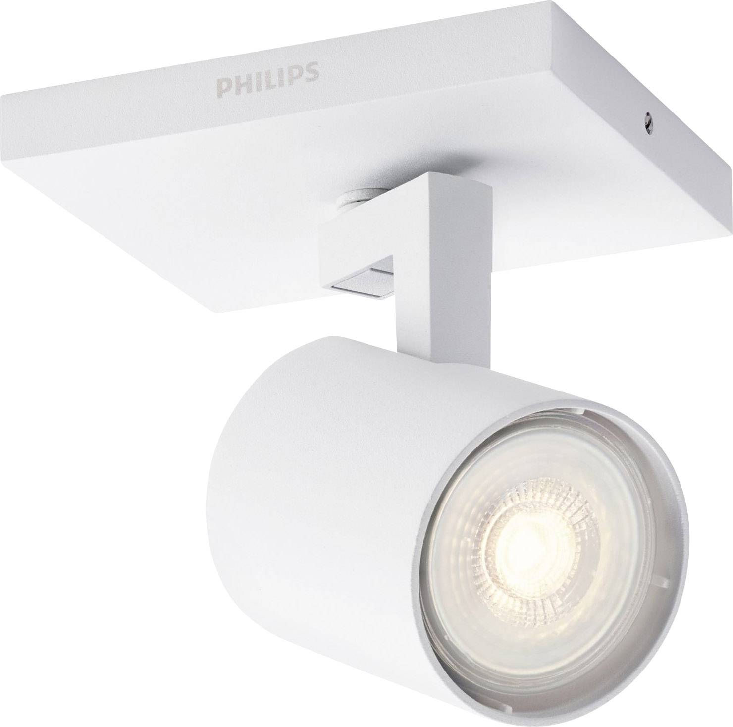 Weiße Philips-Deckenleuchte mit rechteckiger Basis und rundem, verstellbarem Spot für gerichtetes Licht.
