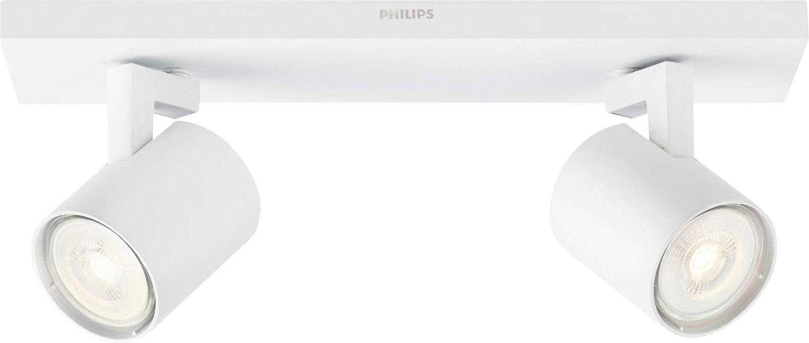 Zwei weiße, zylinderförmige Deckenstrahler von Philips, die an einer rechteckigen Basis befestigt sind, leuchten in verschiedenen Richtungen.