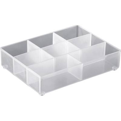 Transparente Plastikbox mit neun gleich großen Fächern zur Aufbewahrung von kleinen Gegenständen.