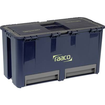 Dunkelblaue Kunststoff-Aufbewahrungsbox mit 'raaco' Logo, robustes Design mit zwei Fächern für Werkzeug oder Kleinteile.