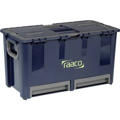 Blauer Werkzeugkasten mit dem Logo 'raaco' auf der Seite. Enthält zwei herausziehbare Schubladen unten.