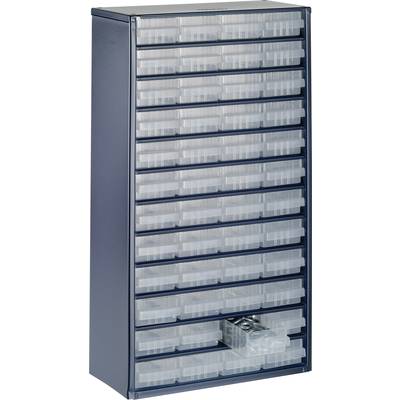 Ein blauer Schubladenschrank mit vielen kleinen, transparenten Schubladen, eine davon ist halb herausgezogen. Ideal zur Aufbewahrung von Kleinteilen.